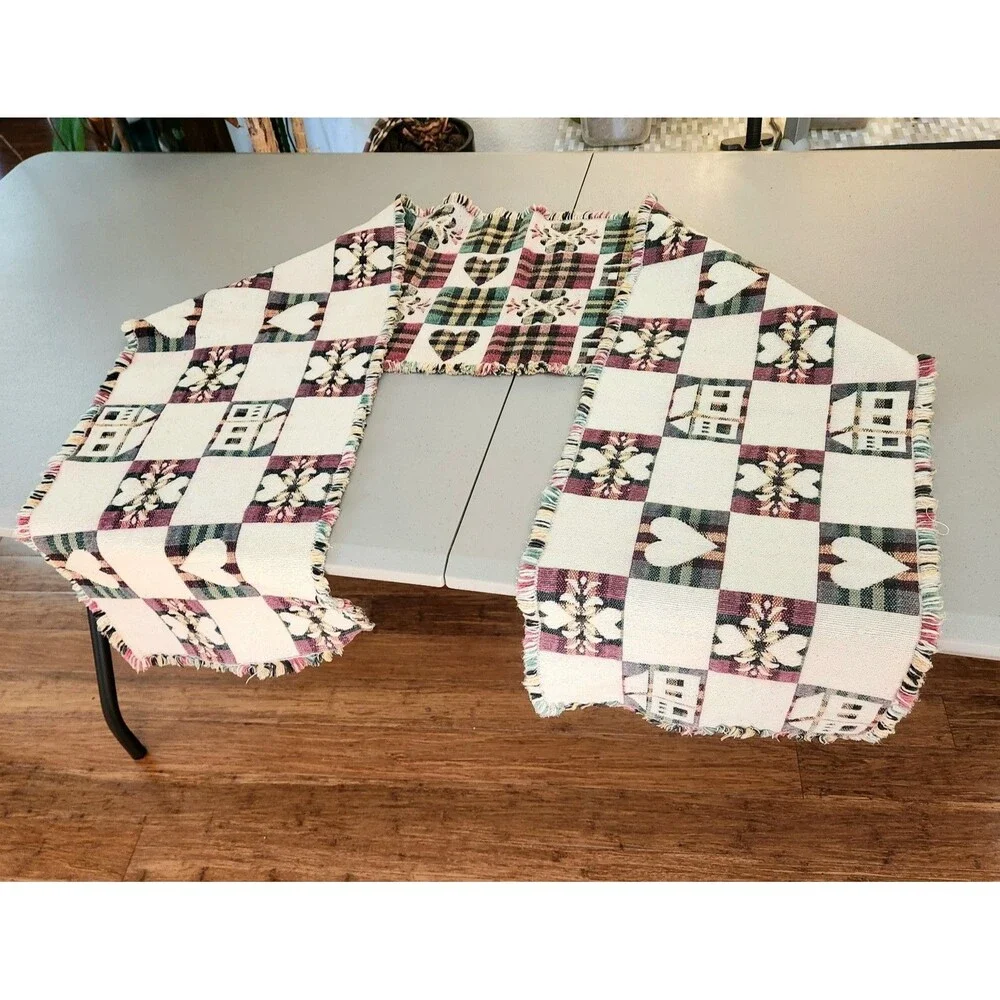 Cabin Chic Rustic Tapestry Table Runner Plaid Hearts Houses 70